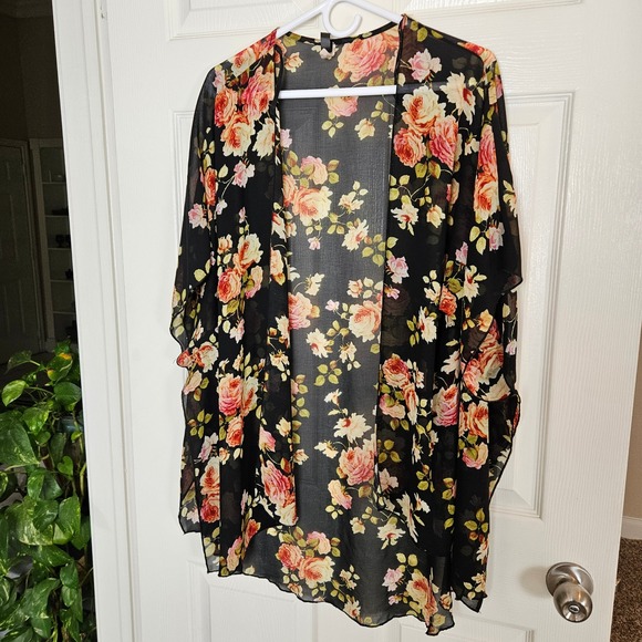 Floral Kimono Cardigan Wrap Black Rose Sheer Dark Romantic Garden Whimsigoth M - Picture 11 of 11